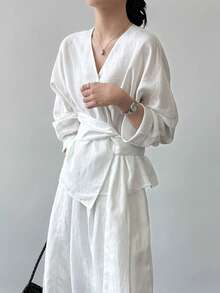 Elegant Fashion Asymmetrical Hem Tie-Front Blouse - White - View 5