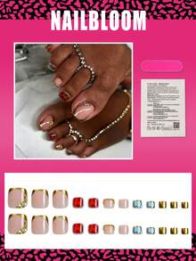 24pcs Y2K Style Medium Square Press-On Toenails, 3D Gold French Press-On Toenails With Gold Pearls And Rhinestones, Leopard Print Design, Suitable For Women And Girls Daily Work, Study And Party Use, Spring/Summer Manicure - 彩色 - 查看 2