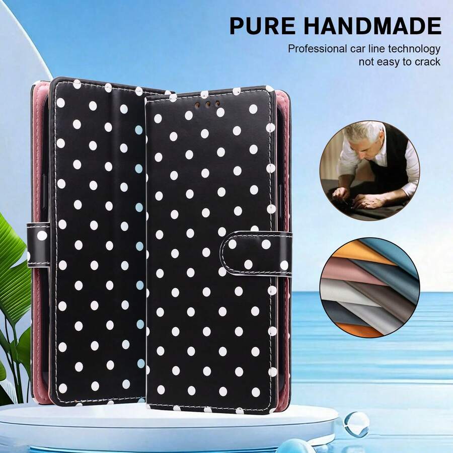 GLANDOTU Black & White Polka Dot PU Leather Wallet Phone Case, Flip Cover Design, Multi-Card Slots, Kickstand, Shockproof Protective Shell, Compatible With Multiple Phone Models - Multicolor - View 1