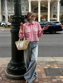 Kimono Style Women's Pink Striped Short Blouse, Decorated With White Lace Details, Long Sleeve Button-Up Top, Polyester Fabric, Perfect Choice For Spring And Autumn Outfits. - Pink - View 1