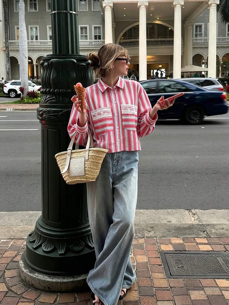 Kimono Style Women's Pink Striped Short Blouse, Decorated With White Lace Details, Long Sleeve Button-Up Top, Polyester Fabric, Perfect Choice For Spring And Autumn Outfits. - Pink - View 1