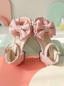 1 Pair 026 New Girls' High Heel Slippers, Casual Sweet Style, Rhinestone Trim Mesh Bow Decor, Ankle Buckle Slippers, Chunky Heel Gentle Fairy Style, Spring/Summer Versatile Dress Shoes - Pink - View 7