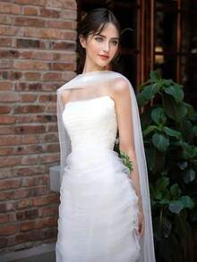 1 pieza Chal largo de malla blanca para mujer, 350X60cm Elegante velo de novia, adecuado para boda, banquete, actuación, fiesta, accesorio de fotografía de viaje, accesorio nupcial, decoración festiva, bufanda de cuello premium estilo coreano, bufanda larga de malla suave, velo de hombro para cola de vestido de novia, bufanda larga de gasa premium estilo coreano vintage, chal exterior para vestido de novia cheongsam - Blanco - Ver 6
