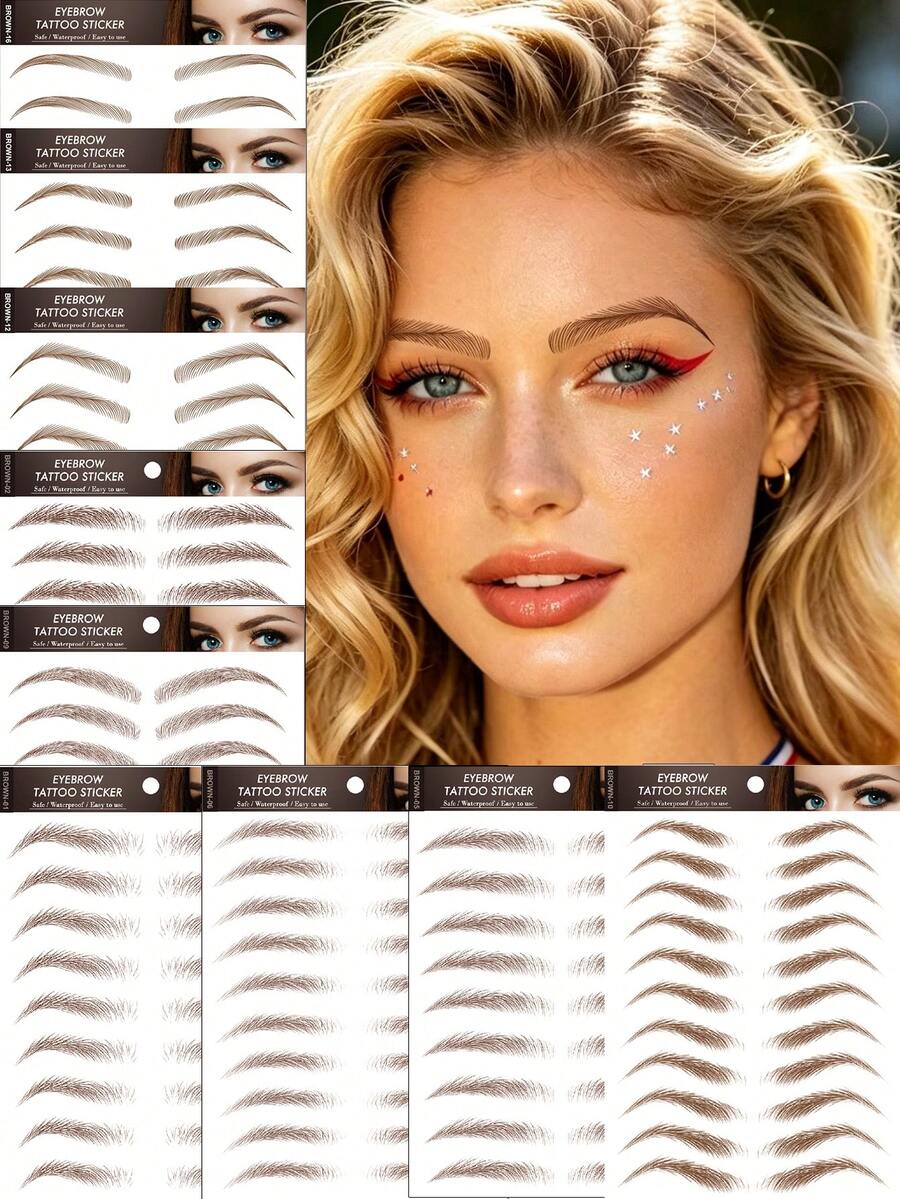 4pcs Brown Eyebrow Temporary Tattoo Stickers, Waterproof Long-Lasting Realistic, Suitable For Different Women's Makeup Looks, Natural-Looking Fake Eyebrow Tattoo Stickers - Brown - View 1