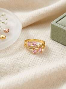 1pc Sweet Romantic Pink Sparkling Cubic Zirconia Double Bow Double Layer Cross Ring, Women's Daily Commute Date Wear Jewelry Gift - Gold - View 5