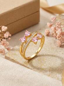 1pc Sweet Romantic Pink Sparkling Cubic Zirconia Double Bow Double Layer Cross Ring, Women's Daily Commute Date Wear Jewelry Gift - Gold - View 1