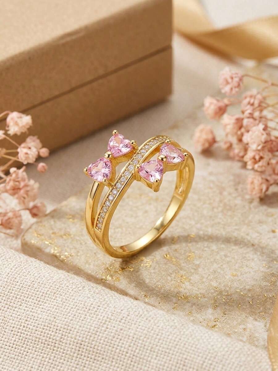 1pc Sweet Romantic Pink Sparkling Cubic Zirconia Double Bow Double Layer Cross Ring, Women's Daily Commute Date Wear Jewelry Gift - Gold - View 1