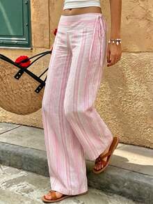 Women's Polyester Pink Striped Long Wide Leg Pants Non-Stretch Casual Pants Spring, Summer, Autumn And Winter Outing Commuting Y2K Style June Festival Country Music Concert, Effortless Style, Streetwear - Multicolor - View 4
