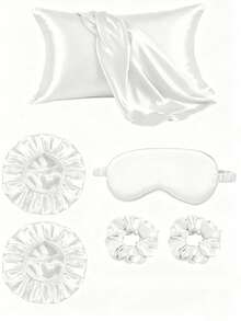 6pcs Sleep Hair Care Set, Includes 2 Pillowcases, 1 Skin-Friendly Hair Tie, 1 Sleep Mask, 1 Satin Sleep Cap And 2 Hair Ties - Multicolor - View 4