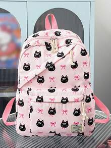 1 pieza Mochila de nailon de gran capacidad para estudiantes, mochila de gato con lazo para estudiantes universitarios, mochila de nailon, mochila de viaje - Rosa - Ver 10