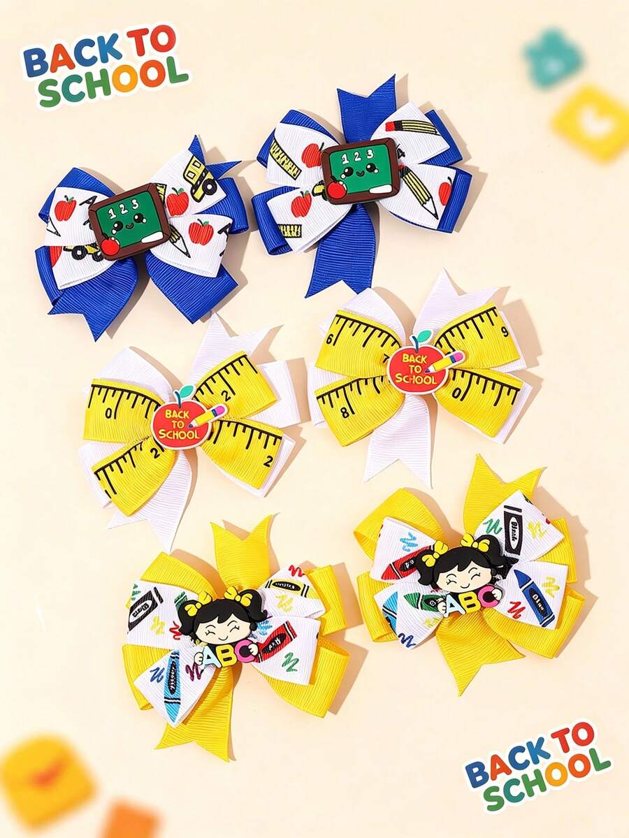 6/2pcs Colorful Back To School Hair Bows,Pencil Apple Litter Girl Bow Hair Clips,Fabric Alligator Clips Cute Hair Accessories For Girls Gifts School - Multicolor - View 1