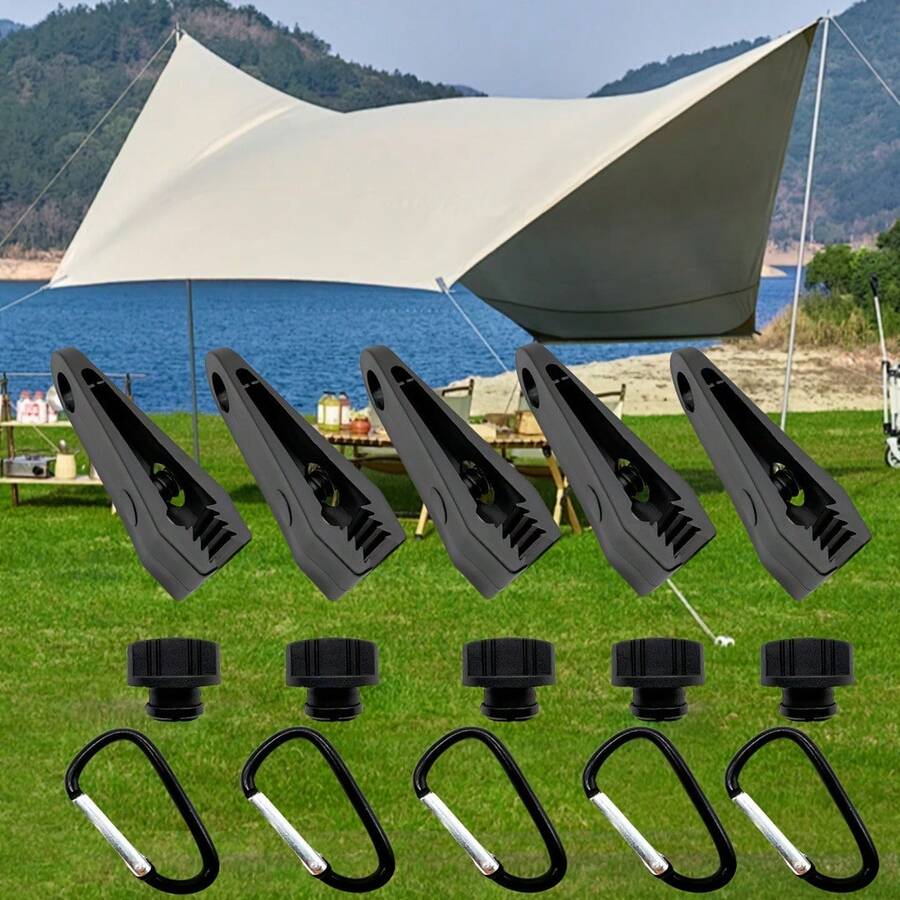 1pc Outdoor Tent Clip + 1pc Carabiner Set, Reinforced Windproof Tarp Clip, Tent Fixing Clip, Rain Cover Fixing Clip