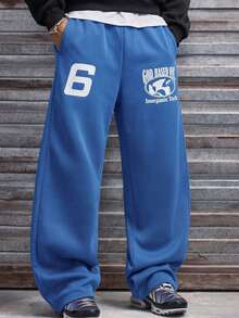 Men's Printed Casual Sweatpants, Loose Straight Leg Sports Pants, Streetwear Letter Design, Comfortable Versatile Slimming Long Pants - Blue - View 1