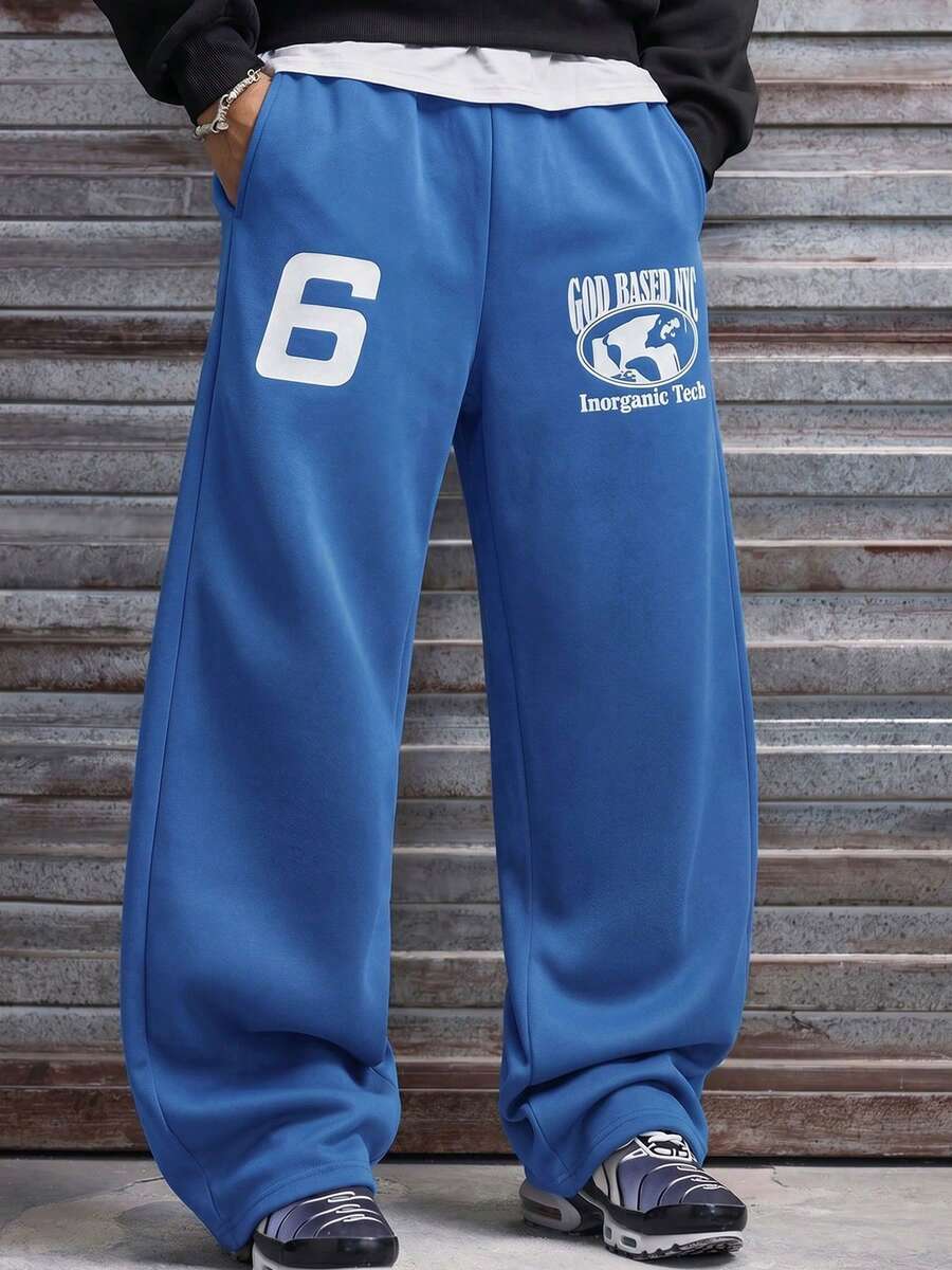 Men's Printed Casual Sweatpants, Loose Straight Leg Sports Pants, Streetwear Letter Design, Comfortable Versatile Slimming Long Pants - Blue - View 1