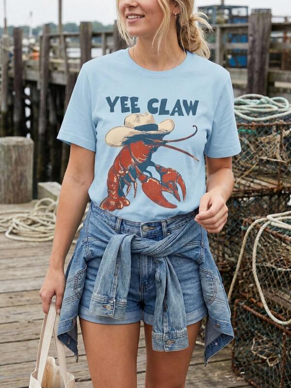 2026 Summer New Women's Round Neck Short Sleeve T-Shirt, Interesting Lobster Print Casual Loose Pullover, Soft Lightweight Daily & Holiday Blouse