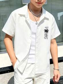 1件青少年男孩極簡椰子樹印花短袖襯衫，夏季新款休閒日常舒適上衣 - 白色 - 查看 2
