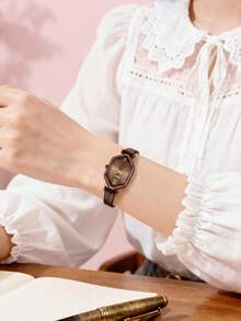 1pc Women's Roman Numeral Minimalist Fashion Vintage Leather Strap Watch Suitable For Daily Decoration - Coffee Brown - View 3