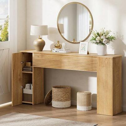 61 Fluted Long Console Table, Wooden Rectangular Sofa Table Behind The Couch, Narrow Entryway Table With 2 Hidden Storage Cabin