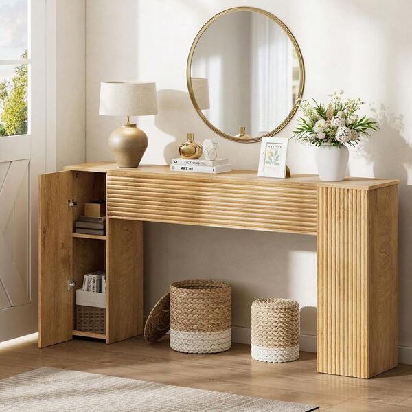 61 Fluted Long Console Table, Wooden Rectangular Sofa Table Behind The Couch, Narrow Entryway Table With 2 Hidden Storage Cabin