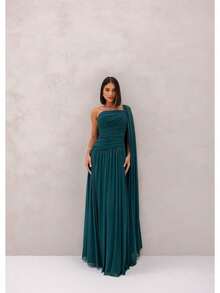 Long, One-Shoulder Party Dress In Dark Nude, Flowing Style, For Bridesmaids/Dates/Graduations/Guests. - Dark Green - View 1