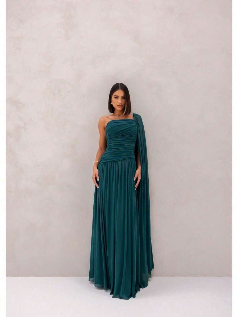 Long, One-Shoulder Party Dress In Dark Nude, Flowing Style, For Bridesmaids/Dates/Graduations/Guests. - Dark Green - View 1