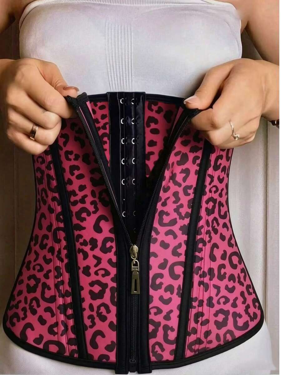 1件女款高腰收腹腰圍塑身衣,全長拉鍊設計,可調節貼合,姿勢支撐腹部加壓,豹紋塑身衣,極簡風格 - 玫紅色 - 查看 1