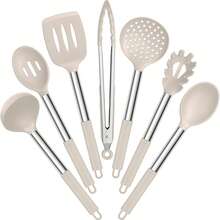 7-Piece Silicone Cookware Set, Heat-Resistant Kitchen Utensils With Stainless Steel Handles, Slotted Turner, Spoon, Ladle, Pasta Server, Skimmer, Tongs, Non-Stick Spatula - Khaki - View 8