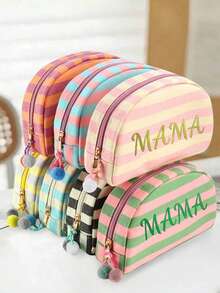 (Custom Embroidery) 1PC New Striped Shell Toiletry Bag, Fresh Macaron Color, With Zipper And Personalized Custom Makeup Bag, Portable Toiletry Storage Bag For Travel, Random Color Pom Pom Design, Cute Gift For Family, Friends, Birthday, Holiday Essential - Multicolor - View 3