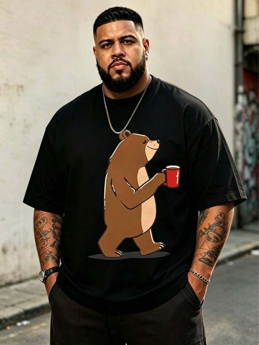 Oversized Men's Crew Neck T-Shirt Made Of Comfortable And Breathable Polyester Knit Fabric, Fashionable Casual Street-Style T-Shirt With The Print "Funny Bear Coffee," Uniquely Personalized. - Black - View 1