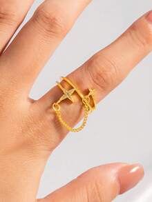 1pc Personalized Rhinestone Four-Pointed Star Chain Open Joint Finger Ring, Sweet & Cool Double Layer Design Star Ring, Hip-Hop Style - Gold - View 7