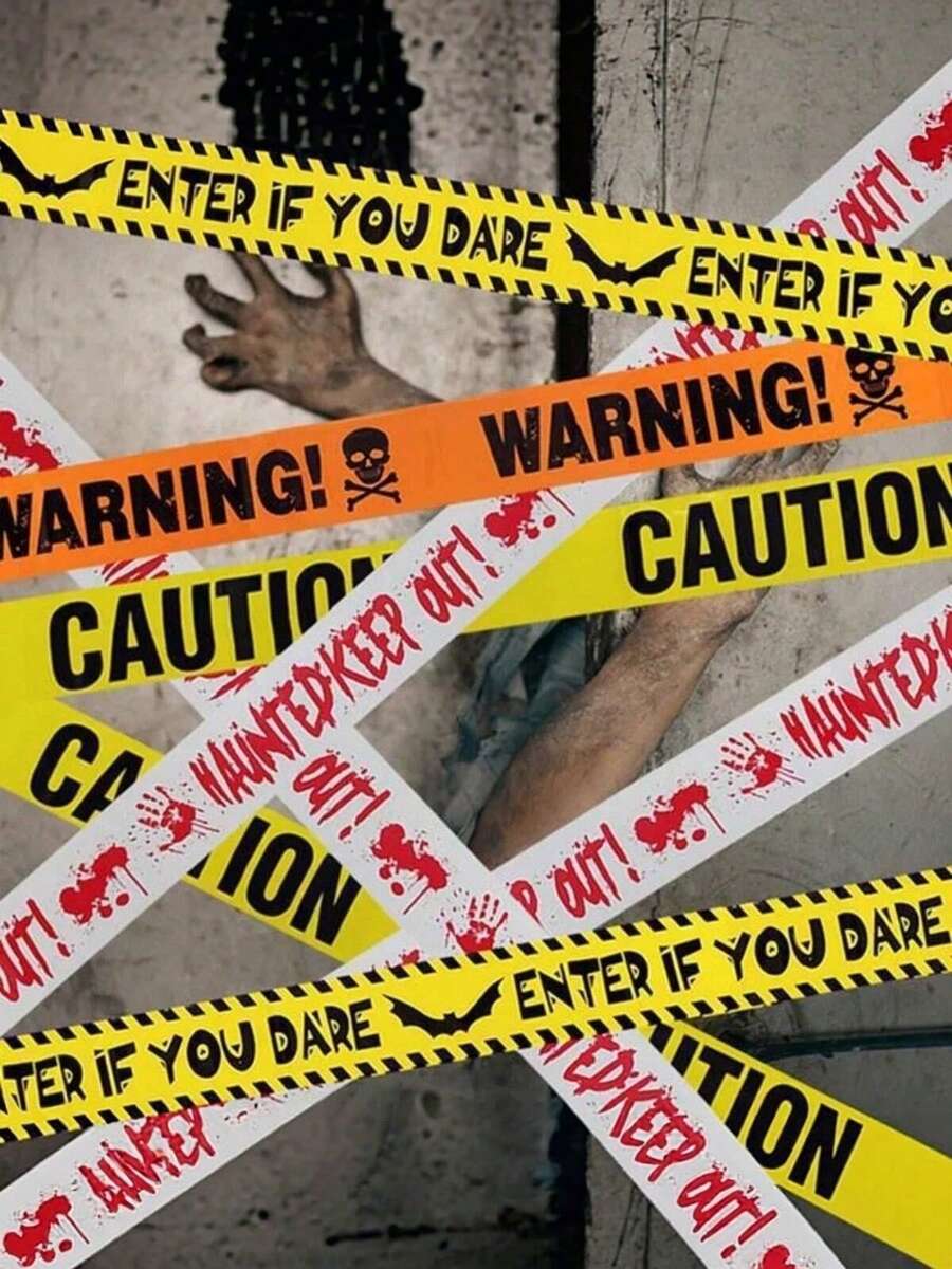 1pc Halloween Warning Tape Decoration - Dare To Enter Haunted House Sign, Featuring Skull And Blood Splatter Pattern, High-Quality Plastic Warning Tape, Suitable For Horror Party, Indoor/Outdoor Horror Decoration, Halloween Decoration, Spooky Decoration, Weather-Resistant Design - Multicolor - View 1