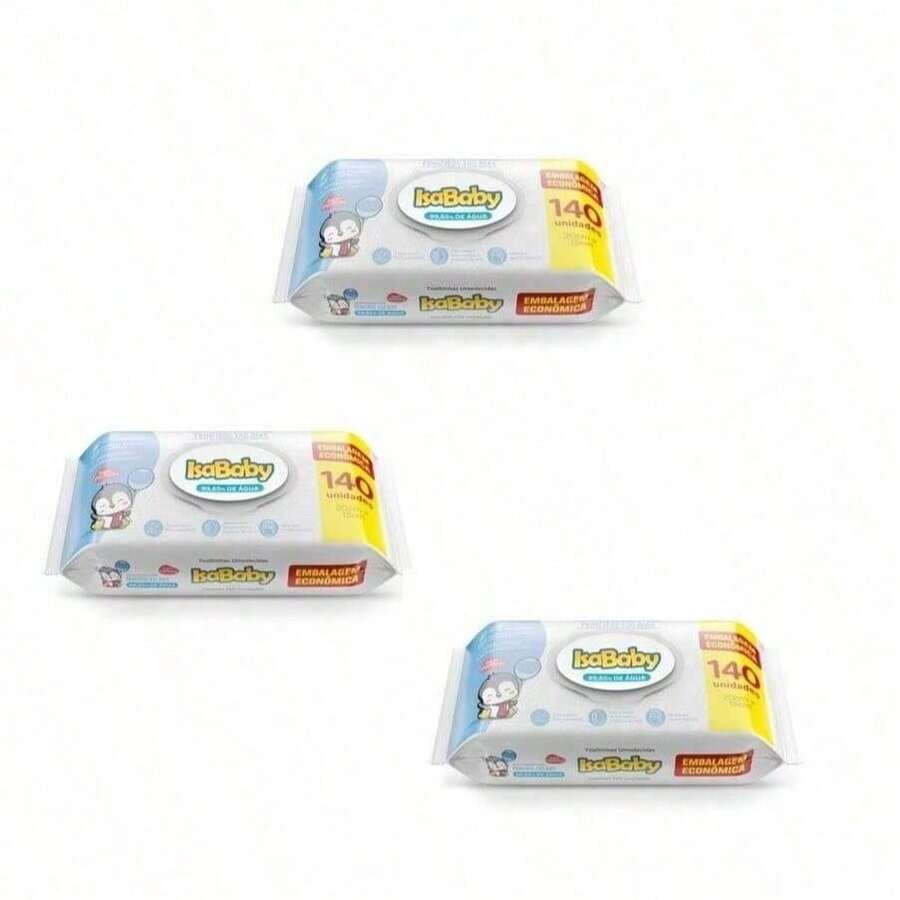 Kit 420 Toalhas Umedecida Infantil Flip Top Primeiro 100 Dias Isababy 140 Unidades 3 pacotes - Multicolorido - Visão 1