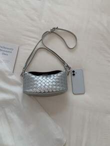 Bolso de mano minimalista tejido de moda de nicho para mujeres 2026 nuevo estilo elegante versátil bolso de hombro cruzado tipo cubo - Plateado - Ver 9