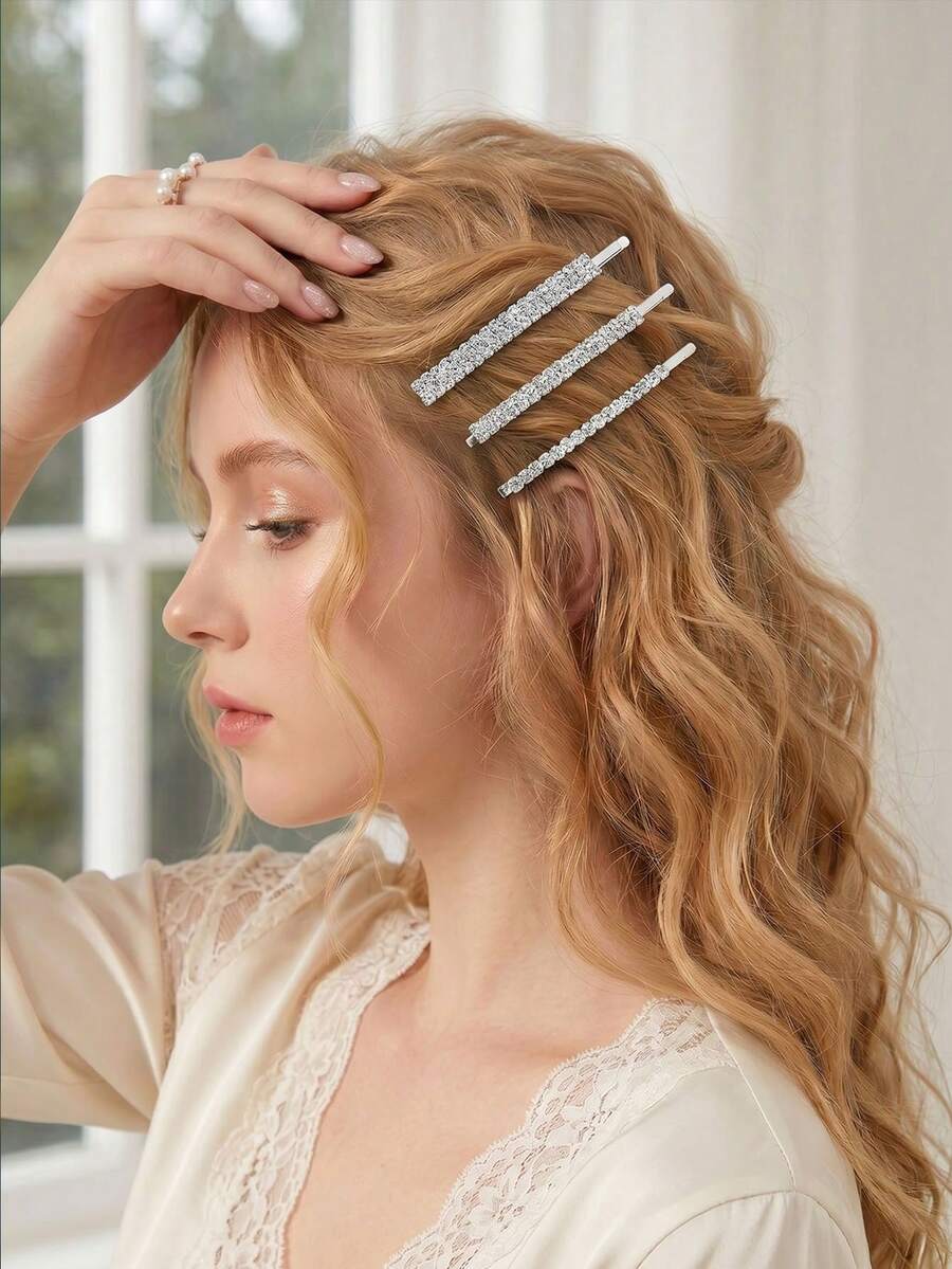 3er Set Strass-Metall-Haarspangen für glattes Haar, elegante süße Haarspangen zur Dekoration von seitlichen Dutt-Frisuren, 3 Stile, Braut- und Brautjungfernzubehör, Party, Date, Treffen, Feiertagsgeschenk - Verschiedenfarbig - Übersicht 1