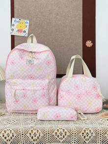 Mochila versátil de moda para mujer con bloques de color y estampado floral, doble correa, combinación de mochila y bolso escolar para estudiantes - Rosa - Ver 7