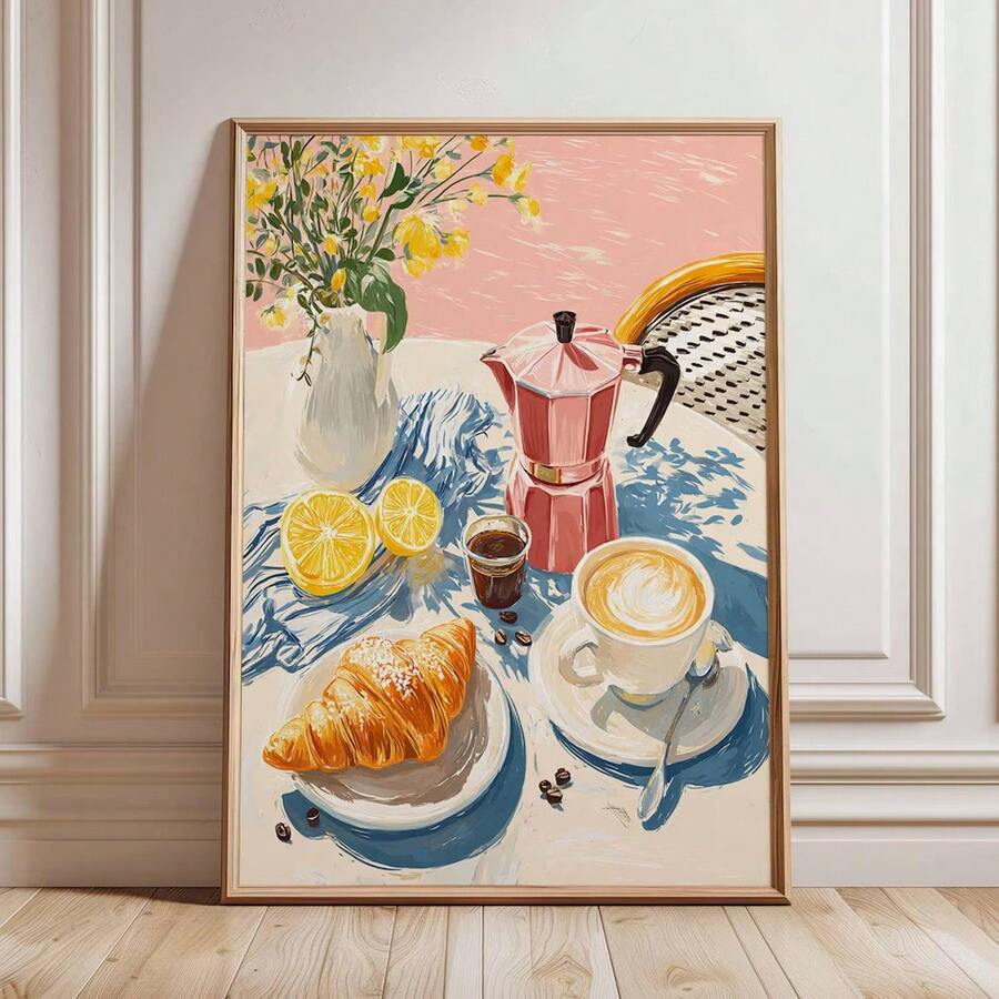 CPWAD French Cafe Breakfast Wall Art, Oil Painting Style Coffee And Croissant, Modern Minimalist Frameless Canvas Decor, Suitable For Kitchen And Dining Room Decoration, French Cafe Scene With Coffee And Croissant - 1pcs - View 1