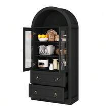Tall Curved Storage Cabinet (80 X 36 X 170 Cm) With Drawers And Doors, For Kitchen And Living Room, Glass Doors, Black - Black - View 8