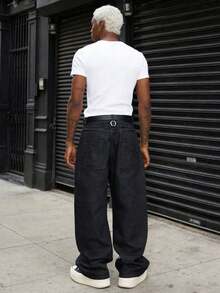Men's Fashionable Retro Button Placket Loose Wide Leg Denim Jeans, Versatile Street Style Casual Long Pants - Black - View 2