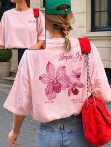 Es Trus Plus 夏季女款「Simple Joy」花卉字母圖案印花街頭 Y2K 風格粉色圓領大版短袖休閒 T-shirt 上衣 - 粉色 - 查看 1