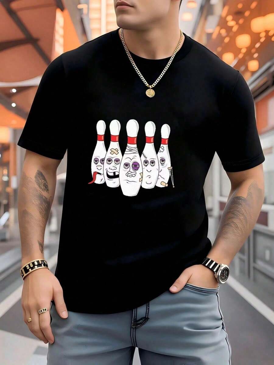 100%  Men's Funny Cartoon Bowling Pins With Injuries Black Background Graphic Tee, Slapstick Comedy Design, Soft Breathable Fabric, Machine Washable C - Negro - Ver 1
