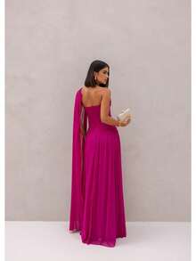 Long, One-Shoulder Party Dress In Dark Nude, Flowing Style, For Bridesmaids/Dates/Graduations/Guests. - Rose Red - View 4