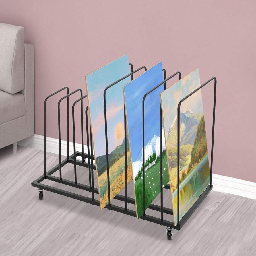 RibasuBB Portable Iron Painting Drying Rack With Wheels, 9 Compartments, Removable U-Shape Columns, Rustproof High-Temp Finish, 2 Brake Wheels - A - View 1