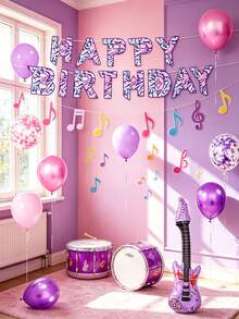 26pcs Kpop Music Theme Birthday Balloon Set, Includes Birthday Banner, Guitar And Purple Pink Latex Balloons, Suitable For K-Pop Music Theme Birthday Party Decoration, Birthday Party Short Video Decoration, Teen Birthday Party, Karaoke Music Theme Decoration, 80s Disco Theme Birthday Party, Starry Sky Theme Dance Party, New Year Dance Party Celebration Decoration Supplies - Multicolor - View 1