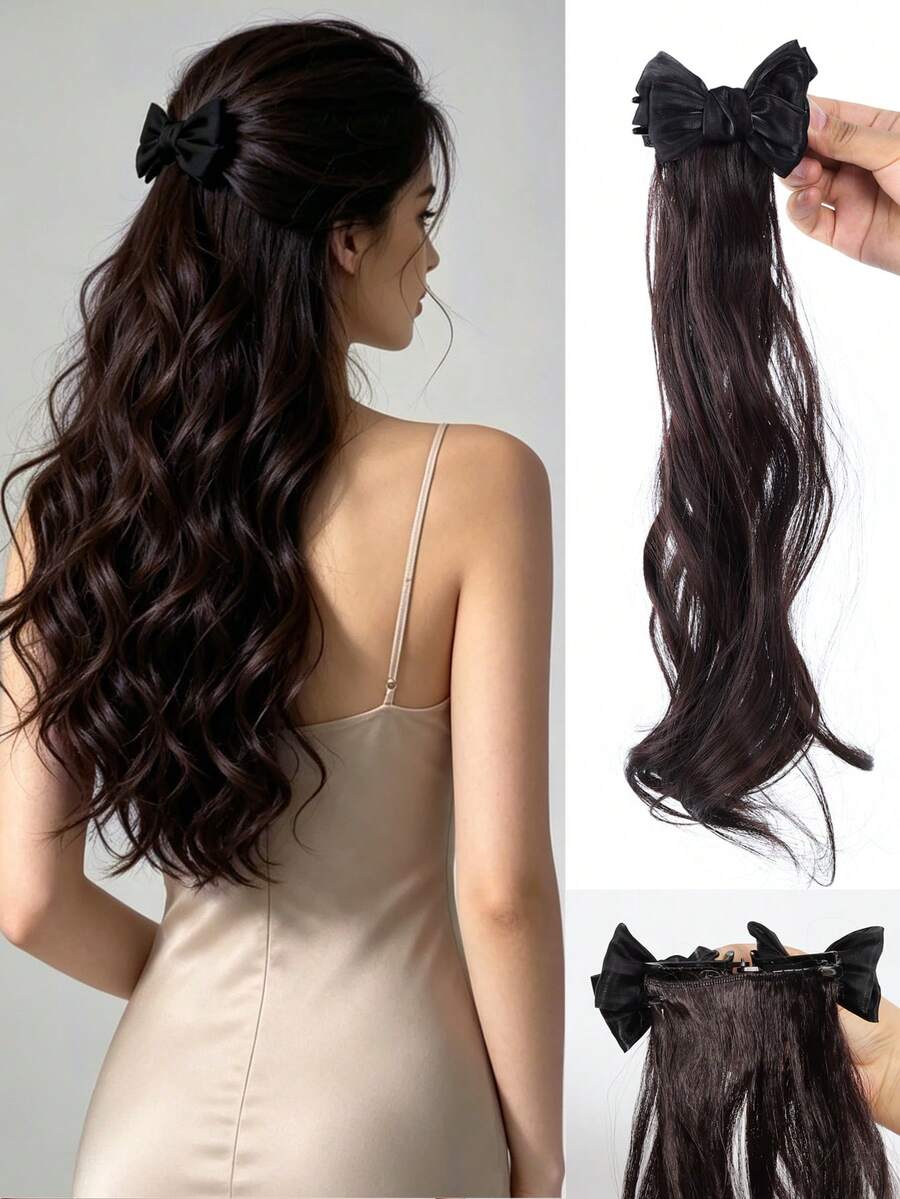 16Inch Wavy Half-Tied Bow Clip In Ponytail Hair Extension Heat Resistant Synthetic Natural Wave With Bow Ponytail Wig
