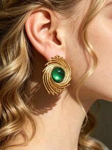 1 Pair Vintage Stainless Steel 18K Gold Plated Spiral Pattern Earrings With Large Green Gemstone, Suitable For Daily, Work, And Party Wear - E0986-02 - View 1
