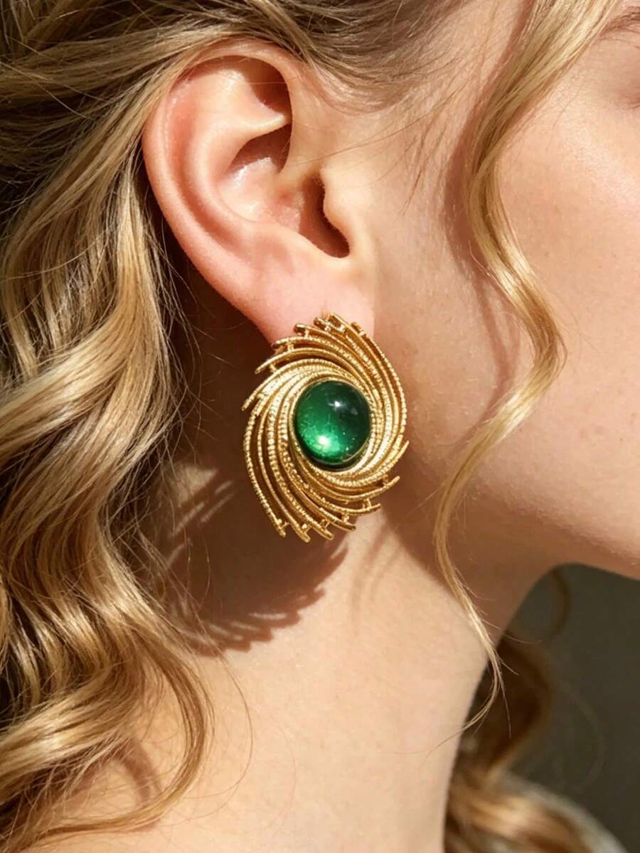 1 Pair Vintage Stainless Steel 18K Gold Plated Spiral Pattern Earrings With Large Green Gemstone, Suitable For Daily, Work, And Party Wear - E0986-02 - View 1