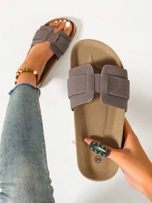 Ximi Ruo Women's Buckle Design Daily Versatile Fashion Flat Sandals, Suitable For Beach, Vacation, Home, Commute, Shopping, Travel And Outings - Grey - View 1
