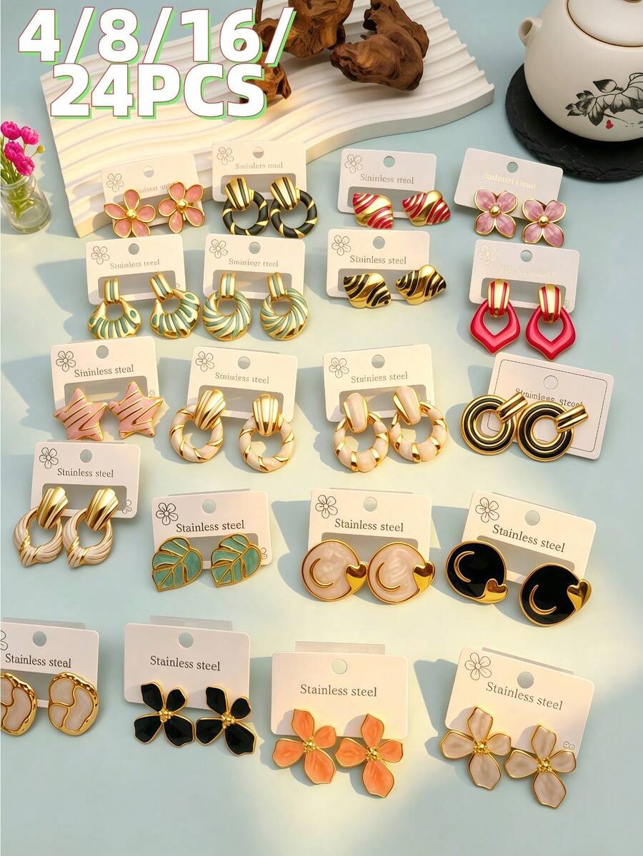 4/8/16/24Pcs Colorful Flower Leaf Enamel Stainless Steel Earrings, Women's Accessories, Elegant Earrings, For Women's Party Fashion Set - Multicolor - View 1