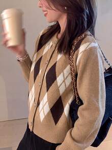 Cardigan Sweater Lengan Panjang Leher Bulat Motif Belah Ketupat Retro Kasual Wanita, Musim Gugur/Dingin - Khaki - View 5