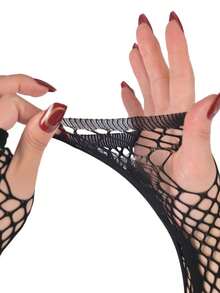 Halloween Spider Web Lace Long Fingerless Gloves Black Mesh Elastic Arm Warmers Party Cosplay Decoration - Black - View 3
